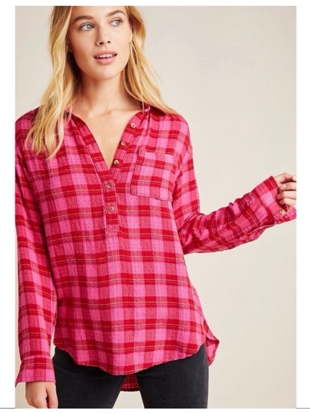 Anthropologie Isadora Pink Plaid Button-Back Flannel Shirt